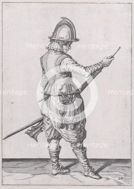 A soldier ramming home powder and bullet with the ramrod, from the Marksmen seri..., published 1608. Creator: Robert Willemsz de Baudous.