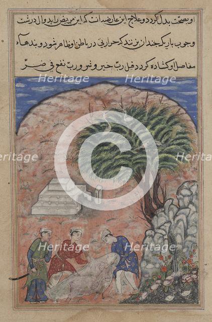 Page from Tales of a Parrot (Tuti-nama): Twentieth night: The suitors take..., c. 1560. Creator: Unknown.