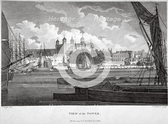 View of the Tower of London with boats on the River Thames, c1790. Artist: Philip Audinet