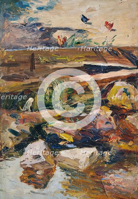 Stream bank with chickens, undated. (c1920s) Creator: Demeter Koko.