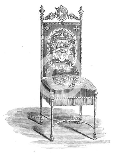 Art Collections in the South Kensington Museum: steel chair, with arms of Anne of Denmark, 1869. Creator: Unknown.