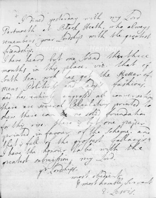 Letter commenting on South Sea mania, 1720. Creator: Erasmus Lewis.