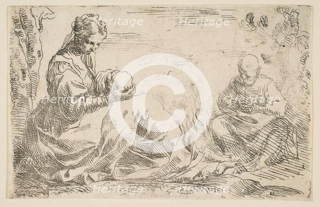 Rest on the flight into Egypt, Mary holding and looking at the infant Christ while St...., ca. 1637. Creator: Simone Cantarini.