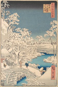 The Taiko (Drum) Bridge and the Yuhi Mound at Meguro, 1857., 1857. Creator: Ando Hiroshige.
