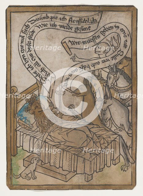The Sick Lion Summons the Animals to His Bedside, from the Sick Lion blockbook, 2nd ed..., ca. 1465. Creator: Anon.