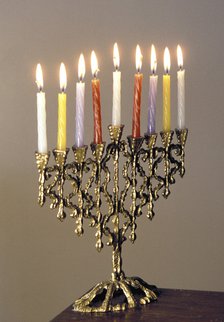 9-branched candelabra used in Judaism at Hannukah. Artist: Unknown