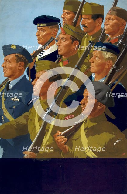 Unity of Strength - Free European servicemen marching World War II poster, between 1939 and 1946. Creators: Central Office of Information, William Little.