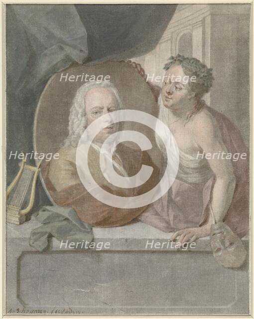 Portrait medallion from Frans Greenwood held by a muse, 1748. Creator: Aert Schouman.