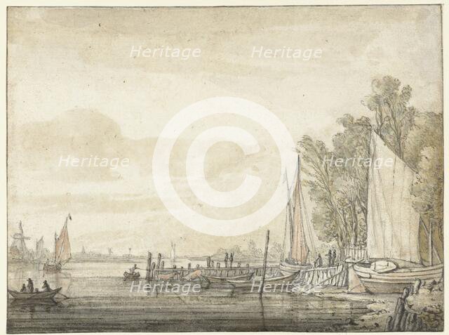 Boats at a jetty in a river, 1641-1642. Creator: Aelbert Cuyp.