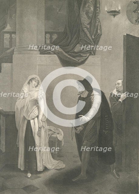Shylock's House-Shylock, Jessica and Launcelot (Shakespeare..., first published 1795; reissued 1852. Creator: Peter Simon.