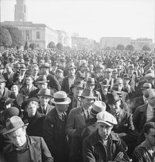 Listening to speeches at mass meeting of WPA workers protesting..., San Francisco, California, 1939. Creator: Dorothea Lange.