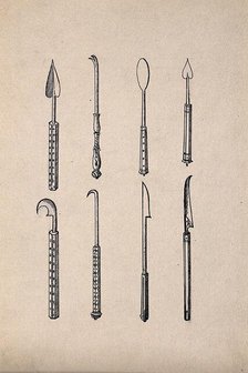 Surgical instruments, mainly spatulas and needles. Creator: Unknown.