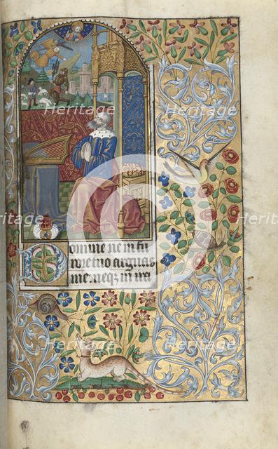 Book of Hours (Use of Rouen): fol. 80r, David Penitent, in the Distance David Slaying Goliath, c1470 Creator: Master of the Geneva Latini (French, active Rouen, 1460-80).