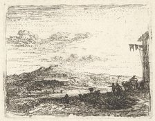 Landscape with corner of building and awning at far right, two figures and a horse-..., ca. 1641-78. Creator: Karel Du Jardin.