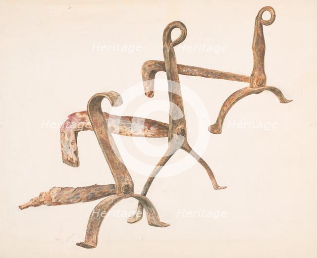 Fire Dogs or Andirons, c. 1938. Creator: Frank J Mace.