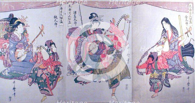 Kintaro, Urashimataro, and Momotaro, from the triptych "Set of Three Sake Cups for the..., c1800/01. Creator: Kitagawa Utamaro.