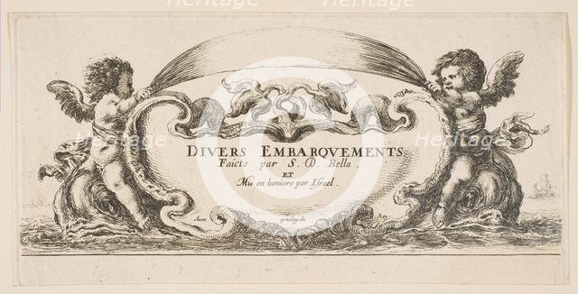 Frontispiece: cartouche at center, putti on either side riding on dolphins, from 'V..., ca. 1646-47. Creator: Stefano della Bella.