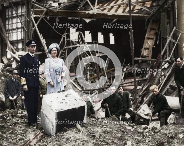 The King and Queen survey bomb damage, Buckingham Palace, London, WWII, 1940. Creator: Unknown.