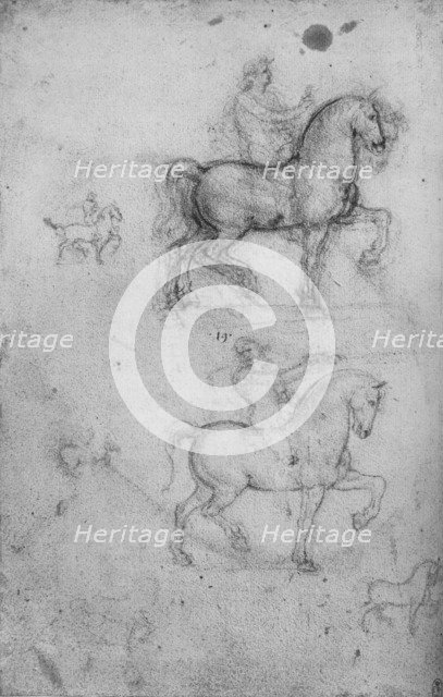 Two Studies of Horses and Riders and Smaller Studies of Horses', c1480 (1945). Artist: Leonardo da Vinci.