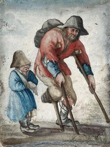A one-legged man in rags moving with the aid of crutches is accompanied by a child with a band... Creator: Unknown.
