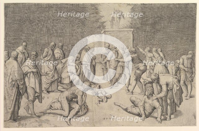 The Philistines Place the Ark of the Covenant in the Temple of Dagon, ca. 1540. Creator: Battista Franco Veneziano.