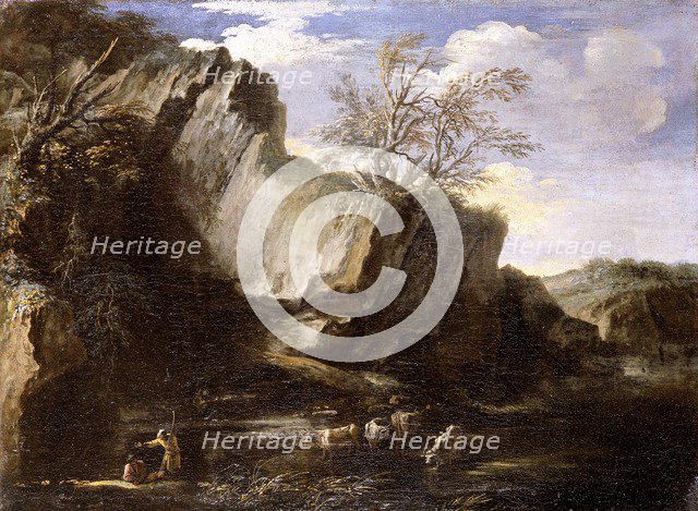 'Rocky landscape with herdsmen and cattle', 1625-1673. Artist: Salvator Rosa.
