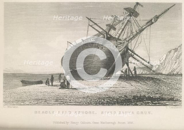 Beagle laid ashore, River Santa Cruz, 1834 (1839).  Creator: Thomas Landseer.