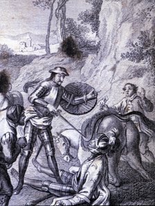 Engraving in an episode of Don Quixote, in 'El Ingenioso Hidalgo Don Quijote de la Mancha' (The I…