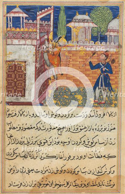 Page from Tales of a Parrot (Tuti-nama): Eighth night: The deceitful wife returns..., 1558-1560. Creator: Shravana (Indian).