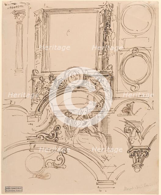 Architectural Details for a Wall Decoration with Empress Maria Theresia Embracing..., c. 1864. Creator: Moritz von Schwind.