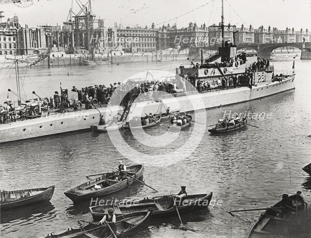 Ship and boats on the River Thames, London, c1913. Artist: Unknown