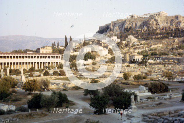Agora, Stoa of Attalos and Acropolis, Athens, Evening, c20th century. Artist: Unknown.