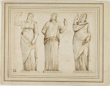 Three Roman Statues of Draped Female Figures and Sketch of Another Statue in Profile to Right, n.d. Creator: Unknown.
