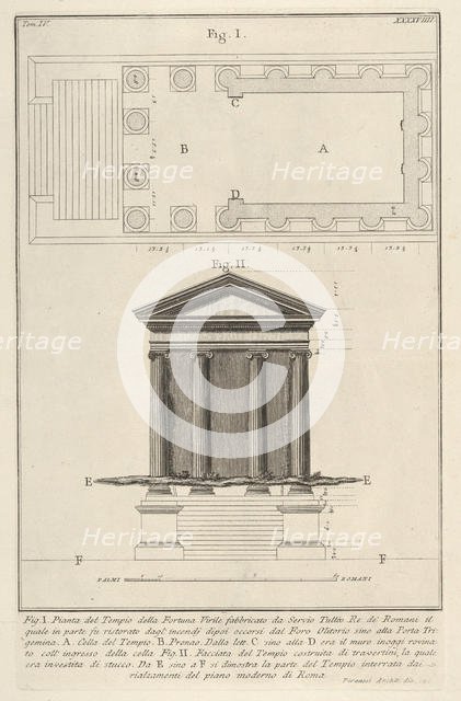 Plan and facade of the Temple of Fortuna Virilis (Tempio della Fortuna Virile), from the s..., 1756. Creator: Giovanni Battista Piranesi.