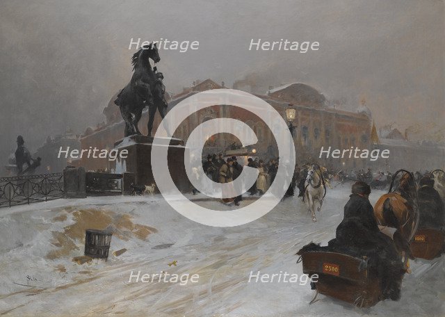 The Anichkov Bridge on Nevsky Prospekt at dusk. Artist: Sala, Paolo (1859-1924)