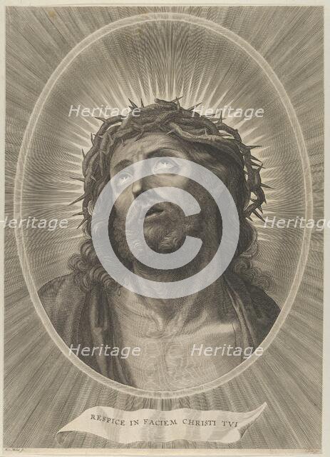 Head of Christ looking up with crown of thorns, in an oval frame, after Reni, ca. 1..., ca. 1653-67. Creator: Adrian van Melar.