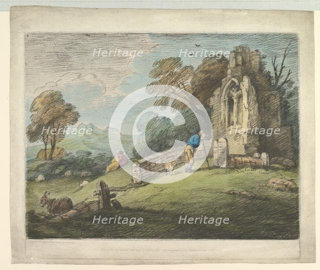 Wooded Landscape with Peasant Reading Tombstone, Rustic Lovers and Ruined Church, August 1, 1797. Creator: Thomas Gainsborough.