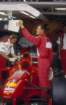 Michael Schumacher with Ferrari, British Grand Prix, Silverstone, Northamptonshire, 1997. Artist: Unknown