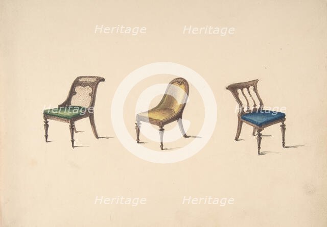 Design for Three Chairs with Slanted Backs, Green, Yellow and Blue..., early 19th century. Creator: Anon.