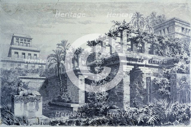 The seven wonders of the world, hanging gardens on terraces in the palace of Nebuchadnezzar in Ba…
