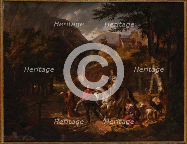 The Habsburg legend: Count Rudolf helps a priest over a torrent, 1830. Creator: Müller, Friedrich Wilhelm (1801-1889).