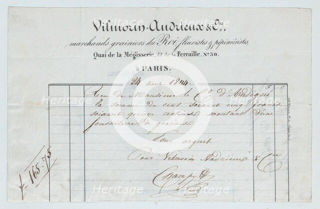 Invoice from Vilmorin-Andrieux et Cie, Paris, for seed supplies to the Count of..., August 24, 1844. Creator: Unknown.