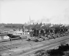Unloading ore at Conneaut, Ohio, Brown conveying hoists, ca 1900. Creator: Unknown.