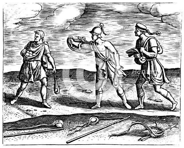 Roman soldiers: stone slingers and their equipment, 1605. Artist: Unknown