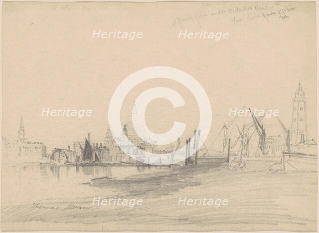 St. Paul's from Under Waterloo Bridge, Low Tide, 1862. Creator: Thomas Moran.