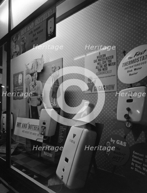 Gas water heaters display, East Midlands Gas Board showroom, Rotherham, South Yorkshire, 1961. Artist: Michael Walters