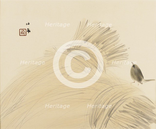 Woodblock print - Wren on corn stook, late 19th-early 20th century. Artist: Takeuchi Seiko.