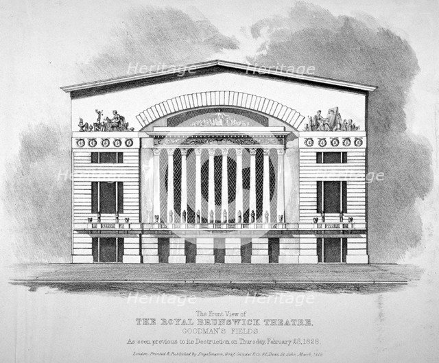 Front view of the Royal Brunswick Theatre, Goodman's Fields, Stepney, London, 1828. Artist: Anon