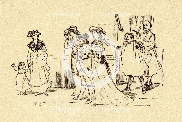 Bystanders watch as John Gilpin gallops past, 1878, (c1918). Creator: Randolph Caldecott.