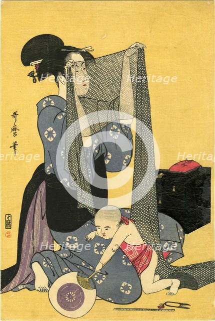 Hari-shigoto (Needlework). Triptych, left part, 1795. Creator: Utamaro, Kitagawa (1753-1806).